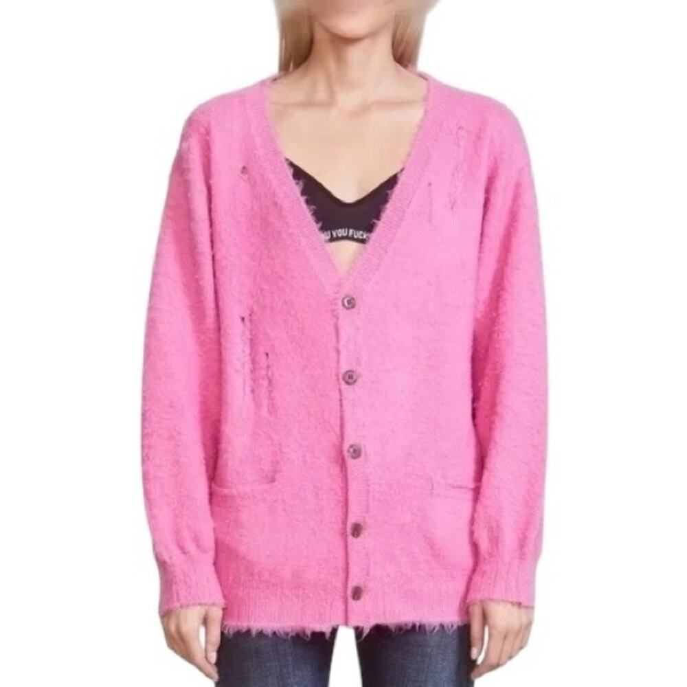 R13 Shaggy Oversized Distressed Edge Cardigan Wool Pink Small
